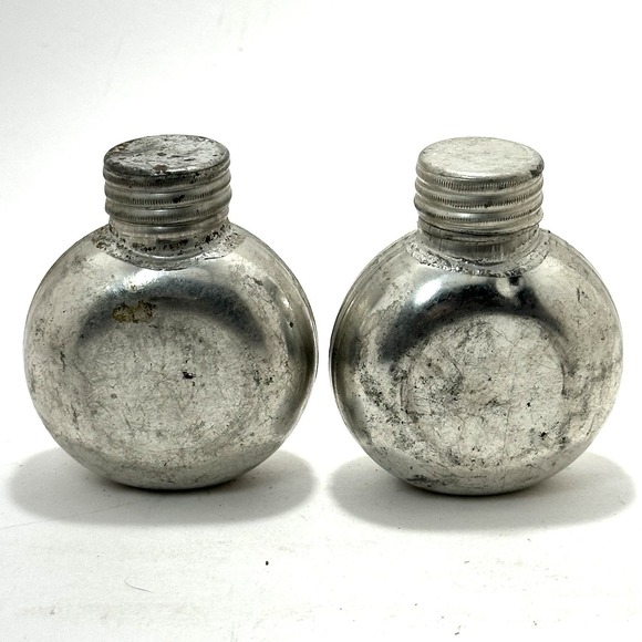 Other - Vintage Steel Gun Oil Bottles Pair Round Military Rifle Oiler Screw Cap